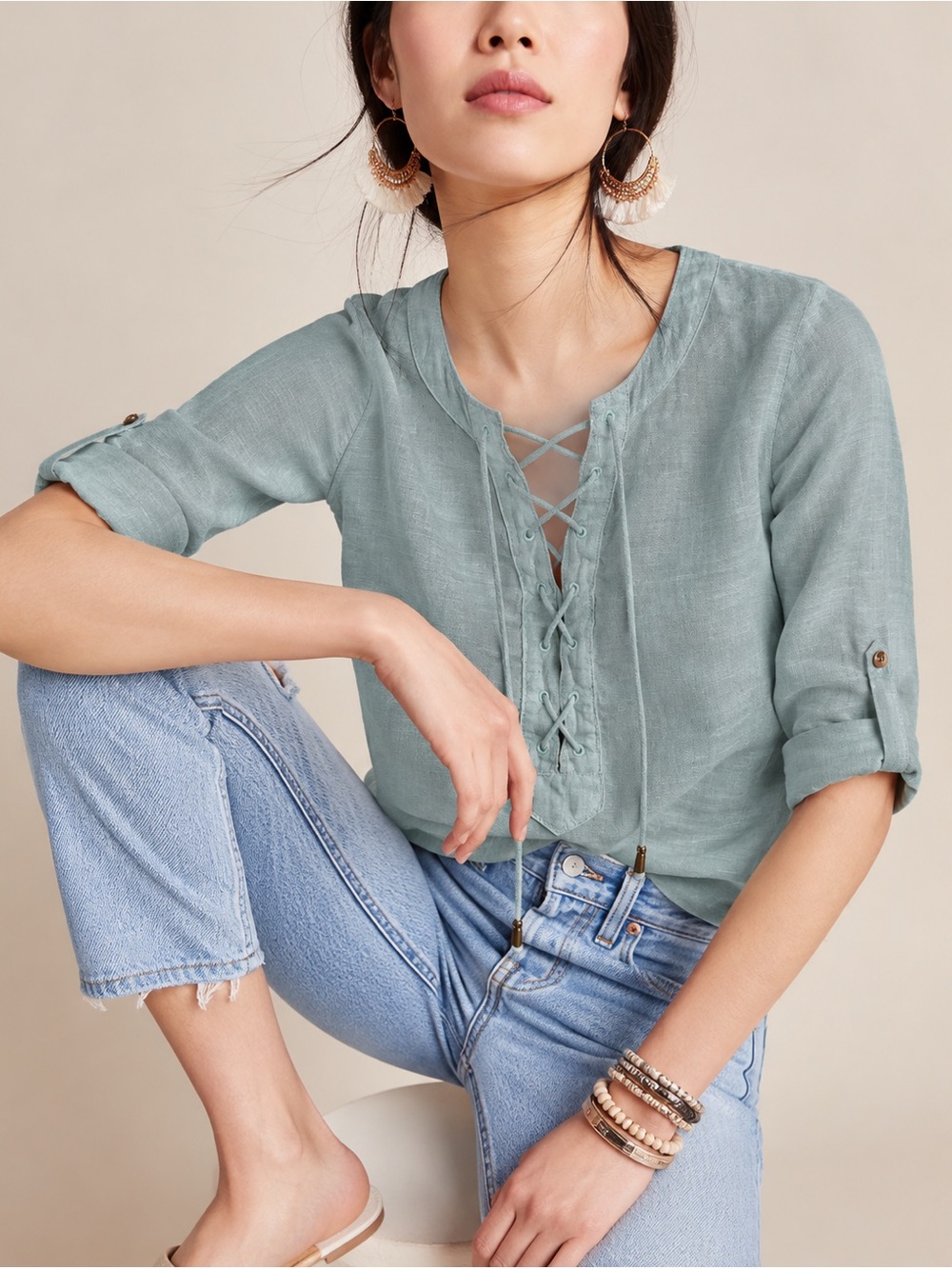 Maeve Anthropologie Marva Lace Up 100% Linen Tunic Blouse Light Blue Size 4